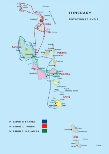 Map of Vanuatu detailing HELPR1's route in June and July